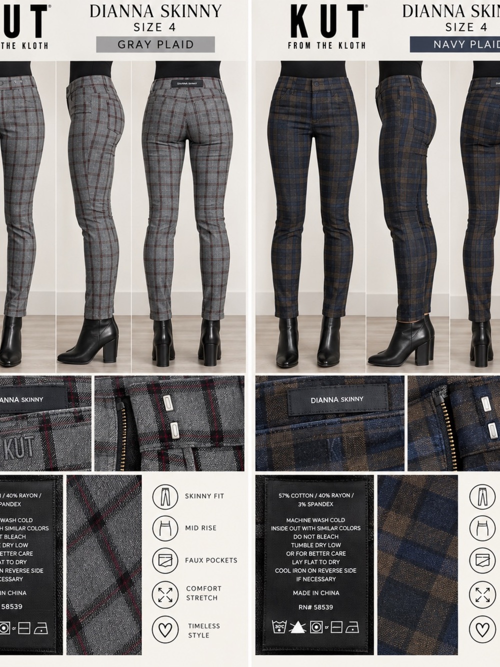 Kut from the Kloth Dianna Skinny Plaid Pants - Gray with Black & Red Windowpane